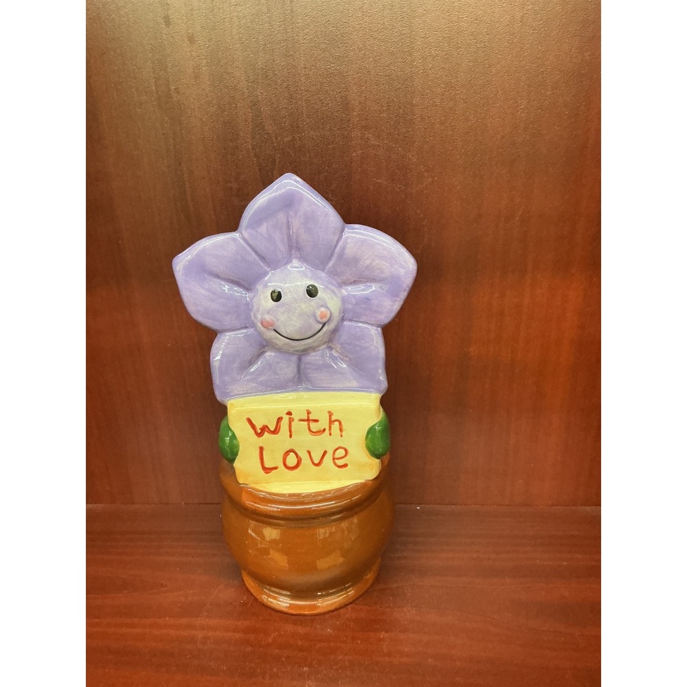Vintage Style Ceramic Smiling Purple Flower With Love Pot Figurine 6.75 inch